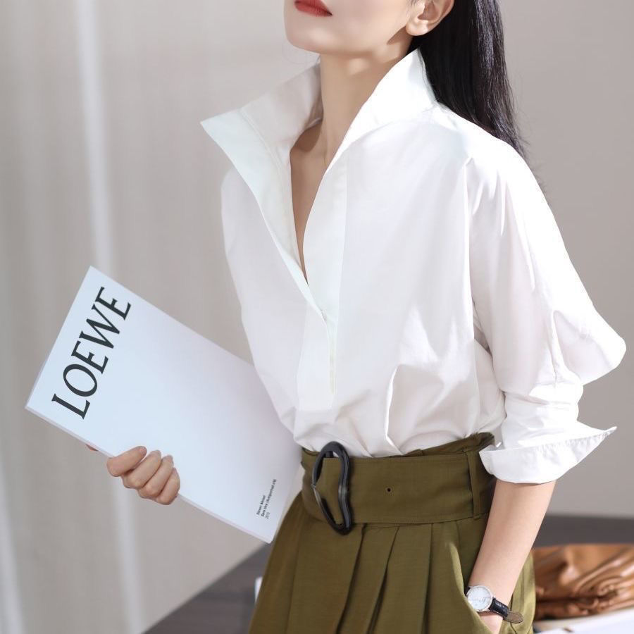 Shirt Camp Collar - เสื้อเชิ้ตแขนกุดทรงหลวม คอตั้ง แขนค้างคาว สไตล์เกาหลี แฟชั่น ติดกระดุมสีขาว